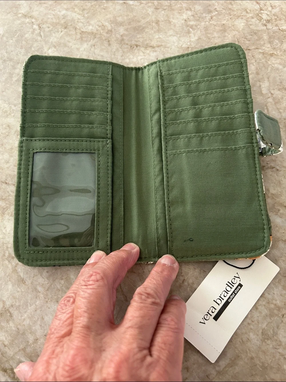 Vera Bradley Olive Green Quilted Wallet with Multicolor Dog Motif - Picture 4 of 5